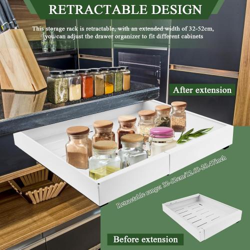 Expandable Cabinet Organizer - Quiet Sliding Pull Out Shelves 12.6-20.5 for Kitchen (White)