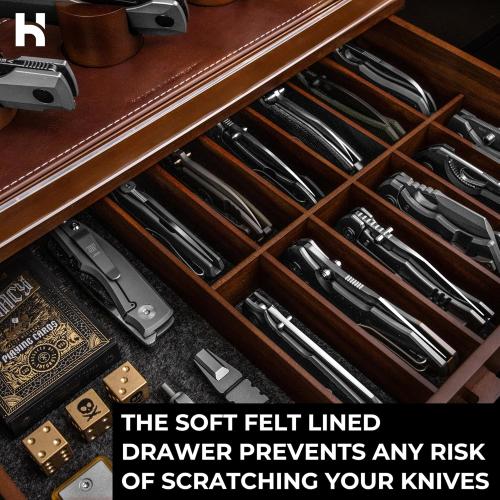 Premium Pocket Knife Display Case for 30 Knives - Large Wooden Knife Organizer, Storage & Holder with Unique Pillars, Hinged Cover, Drawer - Knife Collection Box - Handcrafted for Men