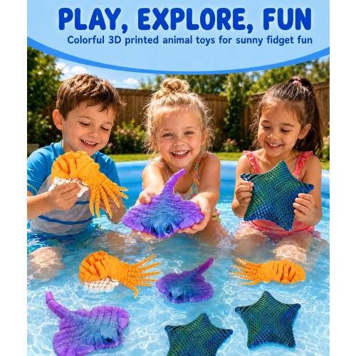 GemmiCho 3 Pack 3D Printed Animal Fidget Toys, Cute Articulated Sea Animals Set with Flexible 3D Printed Starfish, Manta Ray, Octopus, Cool 3D Printed Stuff for Gifts Home Decor Desk Pets