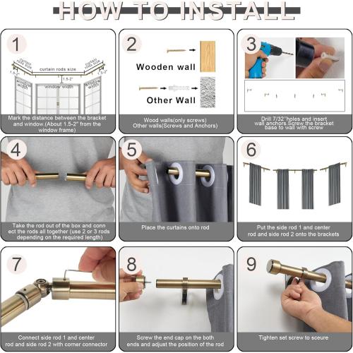 Antique Bronze Bay Window Curtain Rods with Aluminum End Cap Finials and Brackets,Adjustable 36-72 Inch Center Rod for windows (24-68’’), 20-36 Inch Side Rods for windows (16-32’’)