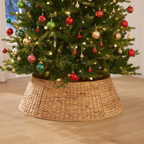 YANGQIHOME 28in Christmas Tree Collar, Rattan Tree Skirt, Woven Water Hyacinth Tree Base Cover for Home Decoration with Cord Cut-Out