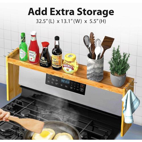 IIIOIIIA Bamboo Over The Stove Spice Shelf for Kitchen Storage, 31.5 Kitchen Spice Rack Organizer Stove Top Shelf with 6 Hooks, 11.4 Height Extra Storage Countertop, Easy to Assemble