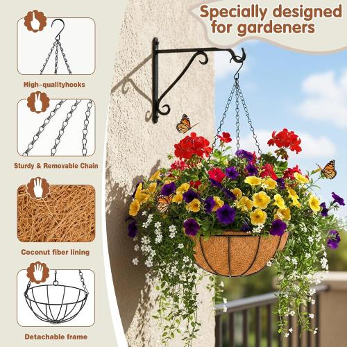 14 inch Metal Hanging Baskets For Plants Outdoor 4 Pack Round Metal Wire Hanging Basket Planter with Coco Fiber Liners Chain Round Wire Plant Holder for Garden, Patio, Deck, Porch Plants Flower Potss