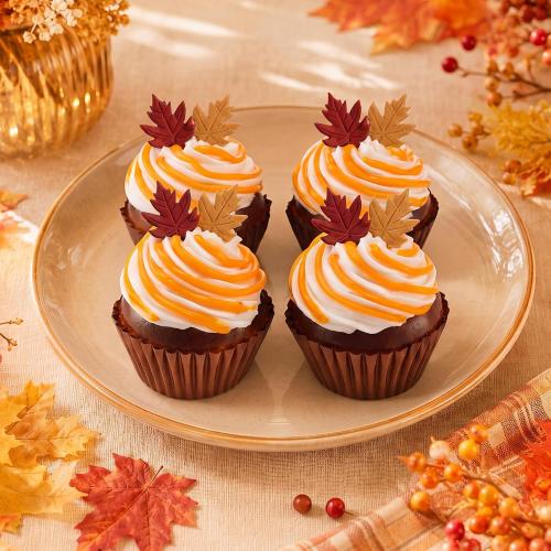 Novabright 4 Pcs Fall Fake Cupcakes Fall Tiered Tray Decor Foam Artificial Cupcakes Autumn Maple Leaf Farmhouse Decoration Thanksgiving Party Home Photography Props