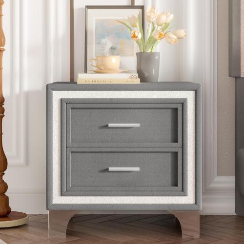 Mid Century Vintage Nightstand with Silver Glitter Strip, Gray Velvet Bedside Table with 2 Drawers and Metal Legs