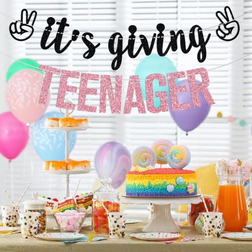 It's Giving Teenager Banner, Bruh I'm 13, Official Teenager, Hello Thirteen, Happy 13th Birthday Party Decorations Supplies for Girls