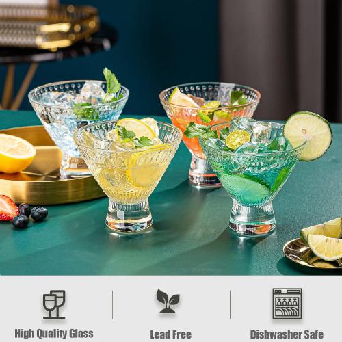 Stemless Martini Glasses, Set of 6 Vintage Cocktail Glasses, 8oz Crystal Margarita Glasses, Heavy Base Glassware for Martini, Cocktail, Margarita, Cosmopolitan, Pisco Sour, Brandy, Manhattan