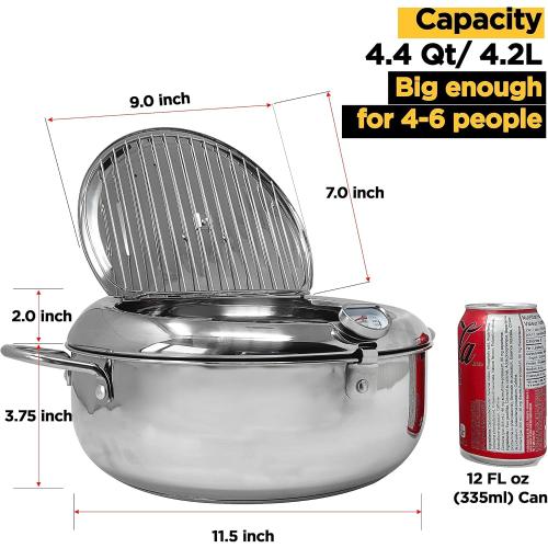 Deep Fryer Pot (°C), 11/4.4Qt (4.2 L) Extra Large Tempura Frying Pot with Lid, 304 Stainless Steel Fry Pot with Temperature Control and Oil Drip Drain Rack