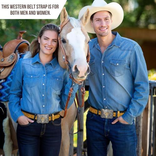 XZQTIVE Western Leather Belt Strap for Men Women Cowboy Cowgirl Black Genuine Leather Belt without Buckle Removeble for Jeans