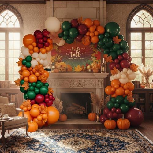 Fall color Balloon Garland Arch Kit hunter green maroon Sand White Orange Balloons with artificial maple leaf and backdrop for Thanksgiving Harvest Birthday Little Pumpkin ecorations