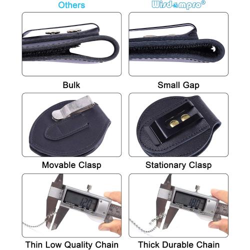 Wisdompro Cowhide Leather Police Badge Holder Belt Clip with Chain, Circle | Round Shape, Mn-steel Clasp, Stainless Bead Neck, Hook and Loop Closure Pocket Case, Heavy Duty, for Law Enforcement, Sheriff