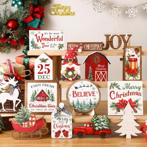 Holiday Tiered Tray Decor Christmas Tiered Tray Decorations Set Truck Wooden Signs Farmhouse Table Decorations for Home Table Shelf (Wonderful)