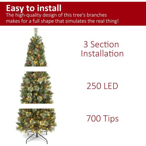 Size 6.5 Ft Prelit Christmas Tree, Artificial Pencil Christmas Tree with 250 LED Lights, Pine Needles and Pine Cones Xmas Decoration for Home