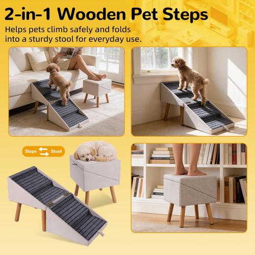 Dog Stairs for Small Dogs, 2-in-1 Pet Steps & Ottoman - Foldable Dog Stairs for Couch, Non-Slip Wooden Pet Stairs for Puppy Senior Injured Dogs