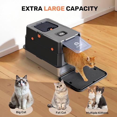 Stainless Steel Litter Box with Lid, Anti-Leakage Enclosed Metal Litter Box, Flip-Top Extra Large Kitty Litter Pan with Scoop & Pedal, Odor Free, Front & Top Dual Entry, Black