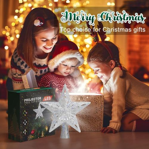 Kesfitt Christmas Tree Topper Sliver Lighted with 6 Projection Modes,Christmas Star Tree Topper Built-in LED Rotating Lights, 3D Glitter Dynamic Projection for Xmas Party Holiday Decorations