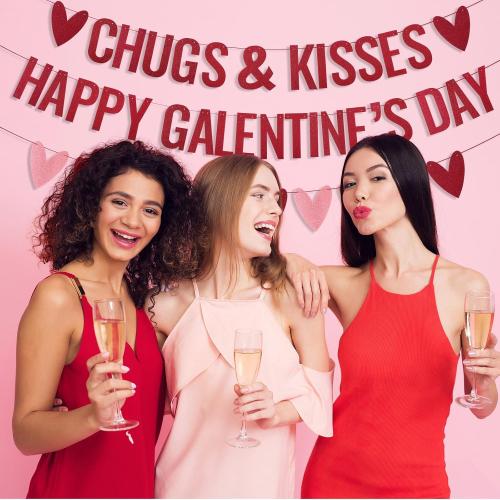 Epakh Happy Galentines Day Banner Chugs and Kisses Banner with Red Pink Glittery Heart Garland Romantic Galentines Day Party Decorations Hug Kiss Love Anniversary Valentines Party Supplies