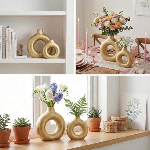 Gold Vase Decor Donut Vase Set of 2 - Circle Hollow Vases, Modern Matte Ceramic Vases for Entryway Living Room Bedroom Dining Table Centerpiece Office Home Decor