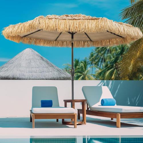 8FT Tiki Umbrella, Patio Umbrella Thatched Umbrella Outdoor Patio, Upgrade with UPF 50 , Tiki Beach Umbrellas with Zinc Alloy Push Button Tilt and for Pool Backyard