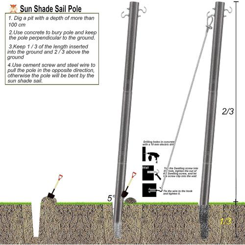 Shade Sail Poles Set of 2, 9FT Heavy Duty Stainless Steel Sun Shade Pole Kit, Adjustable Sail Shade Post Rustproof Outdoor Canopy Poles for Patio, Garden, Backyard 2 Packs