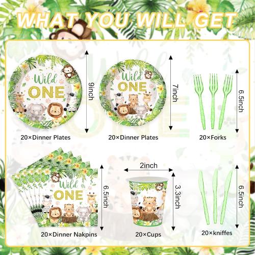 120PCS Wild One Party Supplies for Boys 1st Kids First Birthday Party Jungle Animal Safari Decorations Woodland themed Tableware Set Plates Napkins Cups Set for 20 Guests