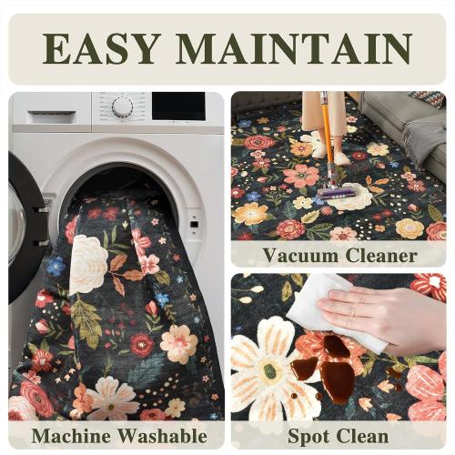 8x10 Washable Area Rug for Living Room, Floral Non-Slip Non-Shedding & Easy Care Black Green Large Soft Low Pile Indoor Floor Carpet for Living Room Bedroom Farmhouse Dining Room Kids Playroom