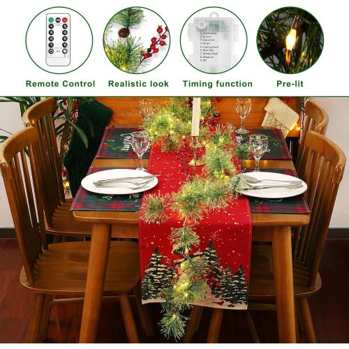 Christmas Garland with Lights, 6 FT Battery Operated Garland with 60 LED Lights, Timer, Lighted Garland with Berries Pine Cones for Mantle Stairs Railing Home Xmas Decoration Indoor