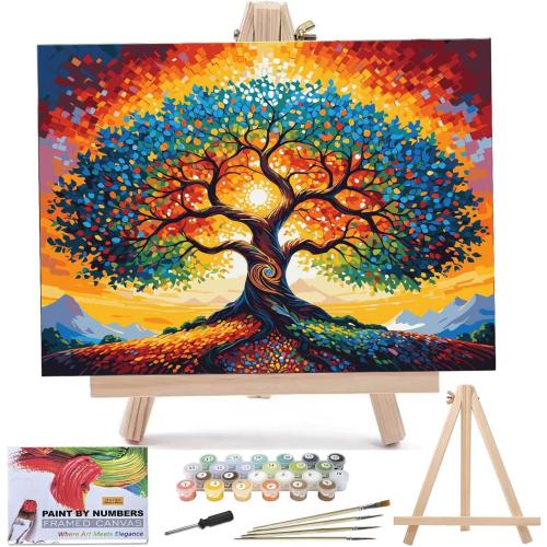 Tree of Life Paint by Numbers Kit for Adults with Framed Beginner Stained Glass Painting Kit Color by Numbers for Adults Canvas DIY Acrylic 12X16 Inches