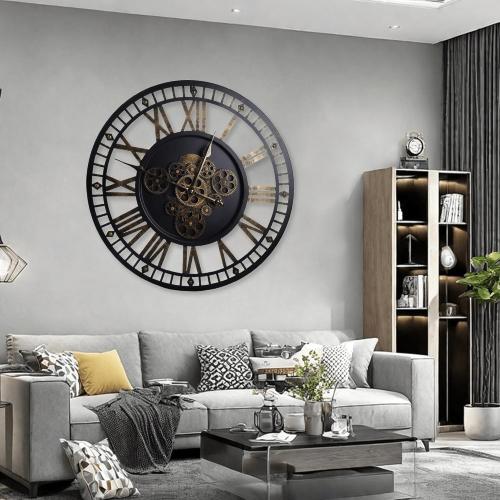 24 Inch Large Digital Wall Clock with Real Moving Gears-Round Silent Vintage Industrial Metal Farmhouse Clock for Bedroom, Battery Operated, Roman Numeral, Golden