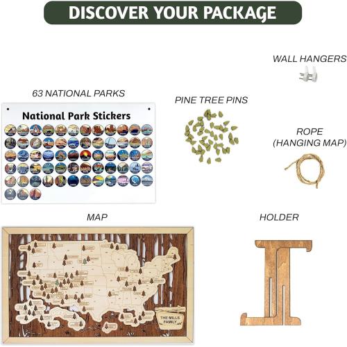 HYPERI US National Parks Map Travel Map, National Park Tracker Checklist, Natural Wall Art, Traveler Gifts for Mom, Dad, Coworker, (National Park Map - Wooden Box)