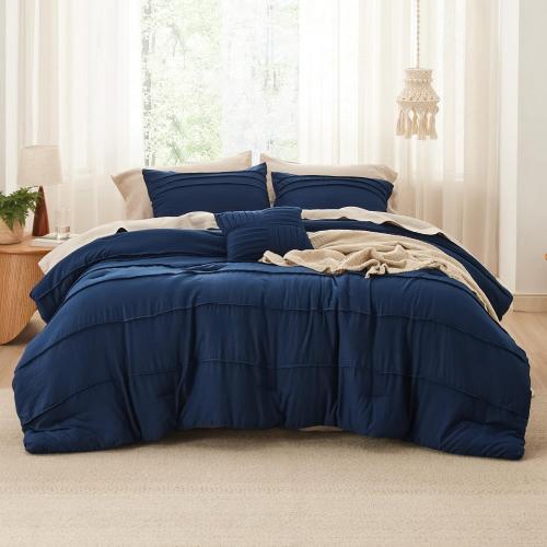 Bedsure Full Comforter Set - 4 Pieces Pinch Pleat Bed Set, Navy Blue Boho Bedding for All Season, 1 Soft Comforter, 2 Pillowcases, 1 Decorative Pillow