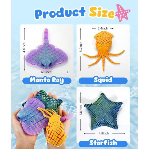 GemmiCho 3 Pack 3D Printed Animal Fidget Toys, Cute Articulated Sea Animals Set with Flexible 3D Printed Starfish, Manta Ray, Octopus, Cool 3D Printed Stuff for Gifts Home Decor Desk Pets