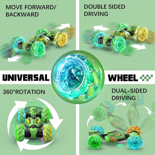 Gesture Sensing RC Stunt Cars - Toys for Boys Girls 6-12 | Best Gifts for Kids 6-12 Years Old | 4WD 360° Rotating Remote Control Transform Car | All-Terrain Off Road Vehicle with Lights Music Green