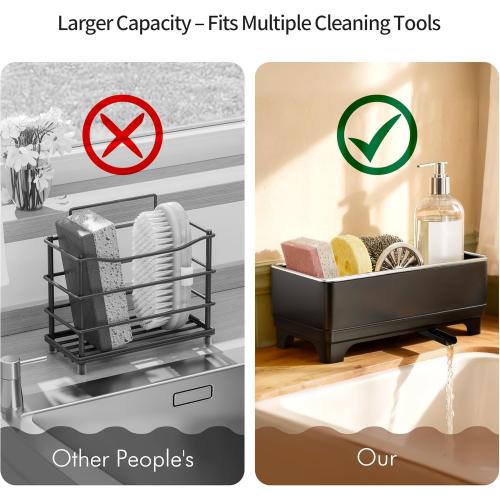 MOUKABAL Sponge Holder for Kitchen Sink, Rustproof Stainless Steel Black | Large Capacity/360° Rotating Drain Keeps Counter Dry/Holds Sponges & Soap Bottle/Easy-Clean Removable Tray