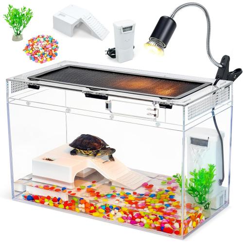 16x10x8 Inch Turtle Tank Kit A High-Definition Aquarium with Heating Lamp, Filter, Advanced Ventilation, High-Temperature Resistance, Complete Accessories for Turtle Habitat