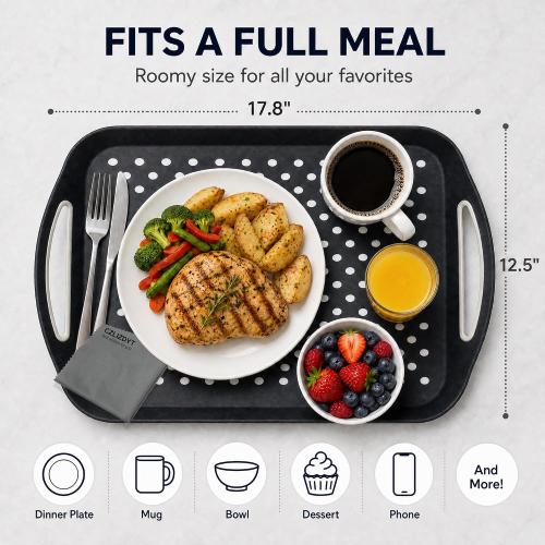 Large Nonslip Serving Tray with Handles, Silicone Grippy Dots Lap Food Trays for Eating, Dishwasher Safe Serve for Breakfast Dinner Snack Fruit Appetizers Beverage, Rectangular, Set of 2, Black