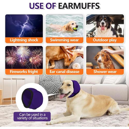 Dog Ear Muffs & No Shake Ear Wrap for Hematoma, Bathing, Drying & Noise Anxiety Relief - Elastic Waterproof Ear Protector with Calming Hoodie Design for Grooming (Purple, L)