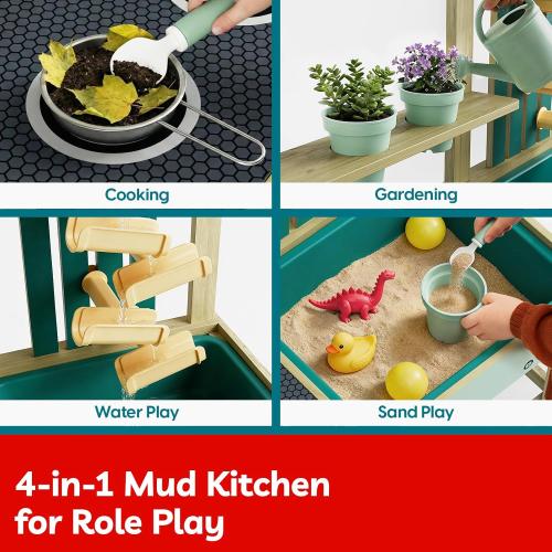 TOP BRIGHT 4 In 1 Mud Kitchen for Kids, Wooden Outdoor Playhouse for Water & Sand Play, Cooking & Gardening Playset with Accessories, Sensory Table Set, Backyard Pretend Play Toy for Boys Girls Ages 3