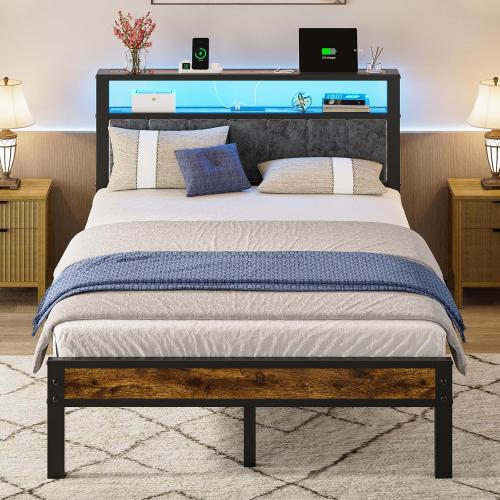 Full Size Platform Bed Frame with LED Lights, Charging Station, Grey Upholstered Headboard with 2-Tier Storage Shelves, Noise Free, No Box Spring Needed