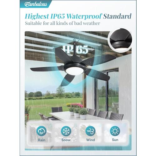 42 Inch Waterproof Outdoor Ceiling Fan with Lights and Remote,IP65 Hanging Gazebo Fan with 3CCT 6-Speed DC Motor,Black Wet Rated Plug in Ceiling Fan with Cord for Patios Porch Pergola