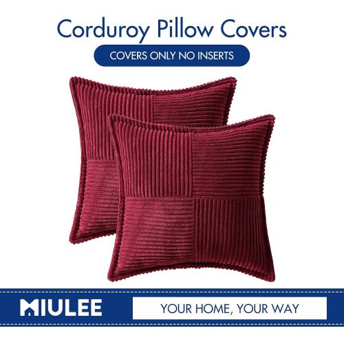 MIULEE Christmas Decorative Throw Pillow Covers for Couch Bed Livingroom 18x18 Inch Set of 2 Burgundy Boho Accent Throw Pllows Broadside Striped Patchwork Soft Corduroy Pillowcases