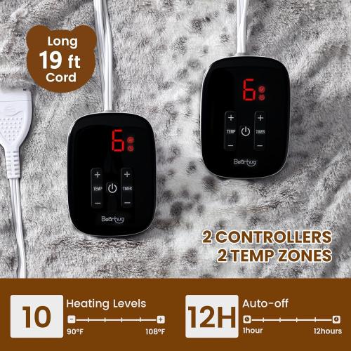 Bearhug Electric Blanket Heated Blanket King Size 100x 90 Dual Controllers Heating Blanket Gift Reversible Faux Fur & Sherpa,10 Heating Levels, ETL, Machine Washable, Over-Heat Protection*** GREY***