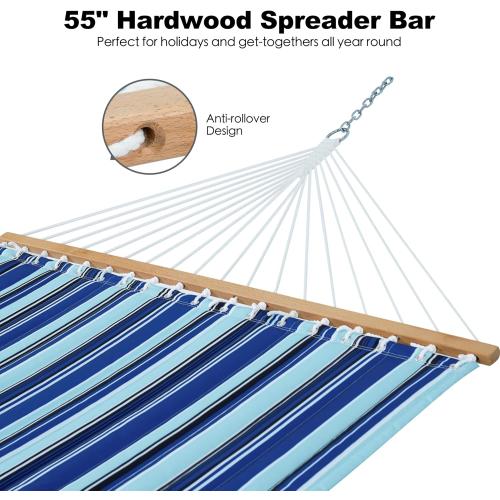GAFETE Hammock 2 Person Quilted Fabric Hammocks for Outside, Double 12ft Hammocks with Spreader Bar, Large Removable Pillow, Storage Bag, Carabiners, Max 475 lbs Capacity (Catalina Beach)