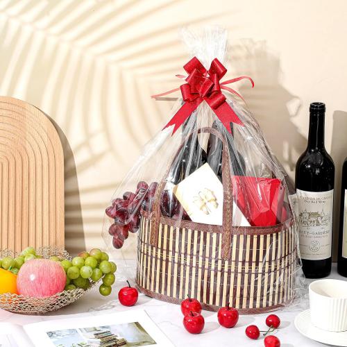 Tioncy 6 Set Baskets for Gifts Empty Bulk Large Woven Bamboo Gift Basket Kit with Handles, Clear Cellophane Wrap Baskets for Valentine's Day, Baby Shower, Birthday Party Gift Bags(Yellow)