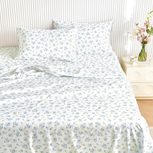 MISSING SHEETS FITTED AND TOP Wake In Cloud - Floral Bed Sheets, 4-Piece Sheet Set, Shabby Chic Flower Rose Pattern Printed Coquette Cottagecore Vintage Aesthetic Bedding, Deep Pocket, White Blue, Full Size