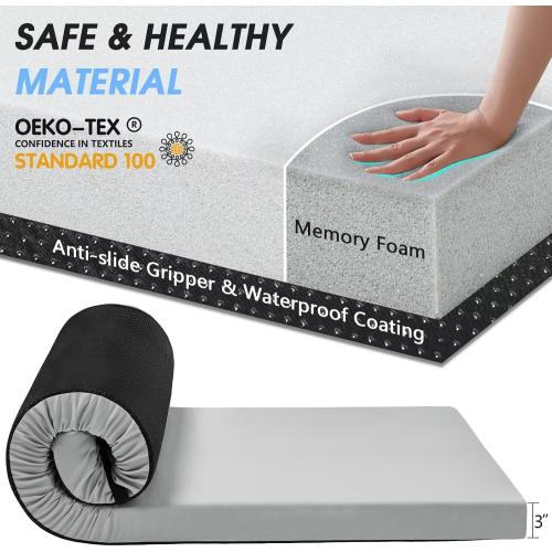 GREY CYMULA Memory Foam Camping Mattress Pad,3inch Sleeping Pad for Camping,Non-Slip Bottom Floor Cot Car Mattress Bed with Retaining Portable Roll up Mattress Pad Mat for Travel Truck Guest Bed Tent