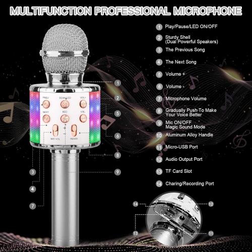 ShinePick Karaoke Microphone, 4 in 1 Wireless Microphone with LED Lights Handheld Portable Karaoke Machine, Home KTV Player, Compatible with Android & iOS Devices (Silver)
