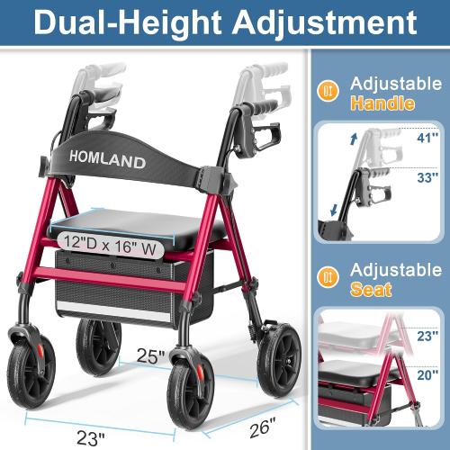 HOMLAND Rollator Walker for Seniors with Seat, Foldable Lightweight Aluminum Rolling Walker with 8 All-Terrain Wheels, Adjustable Height, Storage Bag & Hand Brakes, Ergonomic Indoor Outdoor Aid