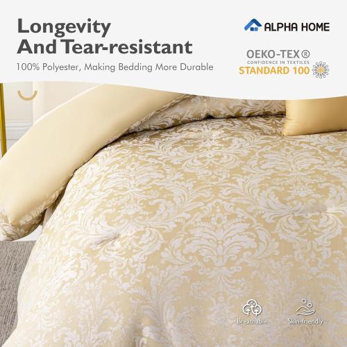 ALPHA HOME Queen Size Jacquard Bedding Comforter Set - All Season Luxurious Elegance With Cushion (1 Comforter, 2 Pillow Shams, 2 Euro Shams)