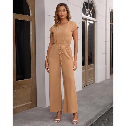 Women's Casual Loose Jumpsuits Crew Neck Short Sleeve Wide Leg Pant Rompers One Piece Outfits with Pockets